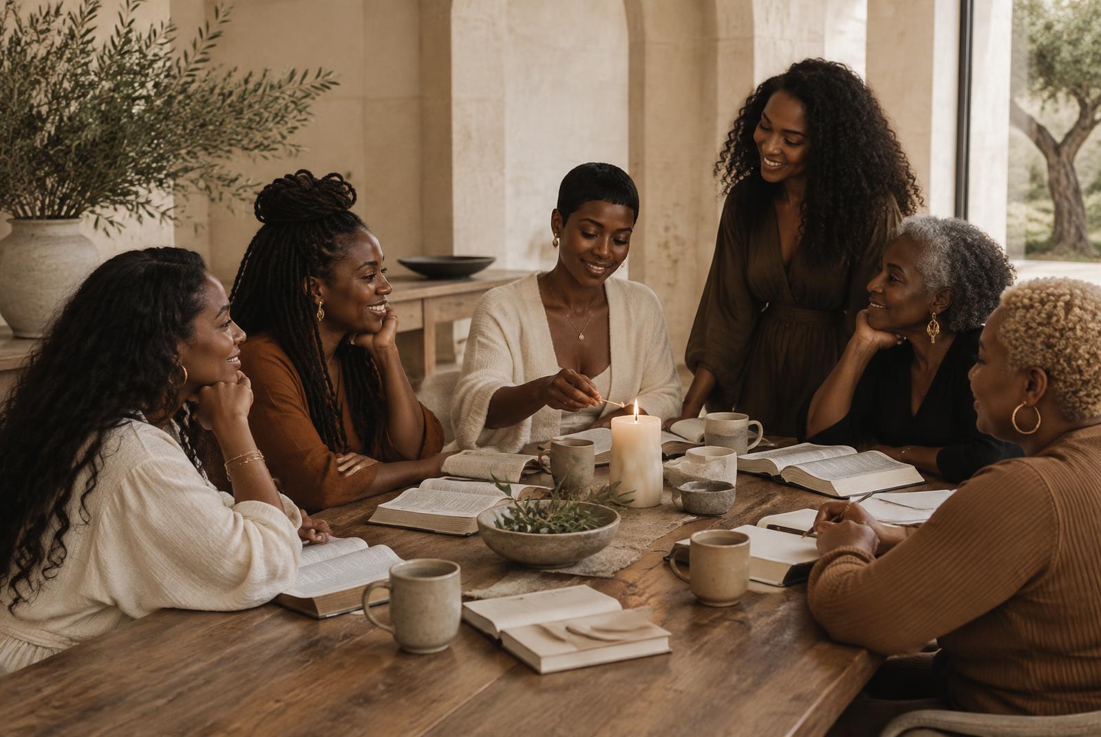 Women gathered around Scripture and conversation at a long wooden table
