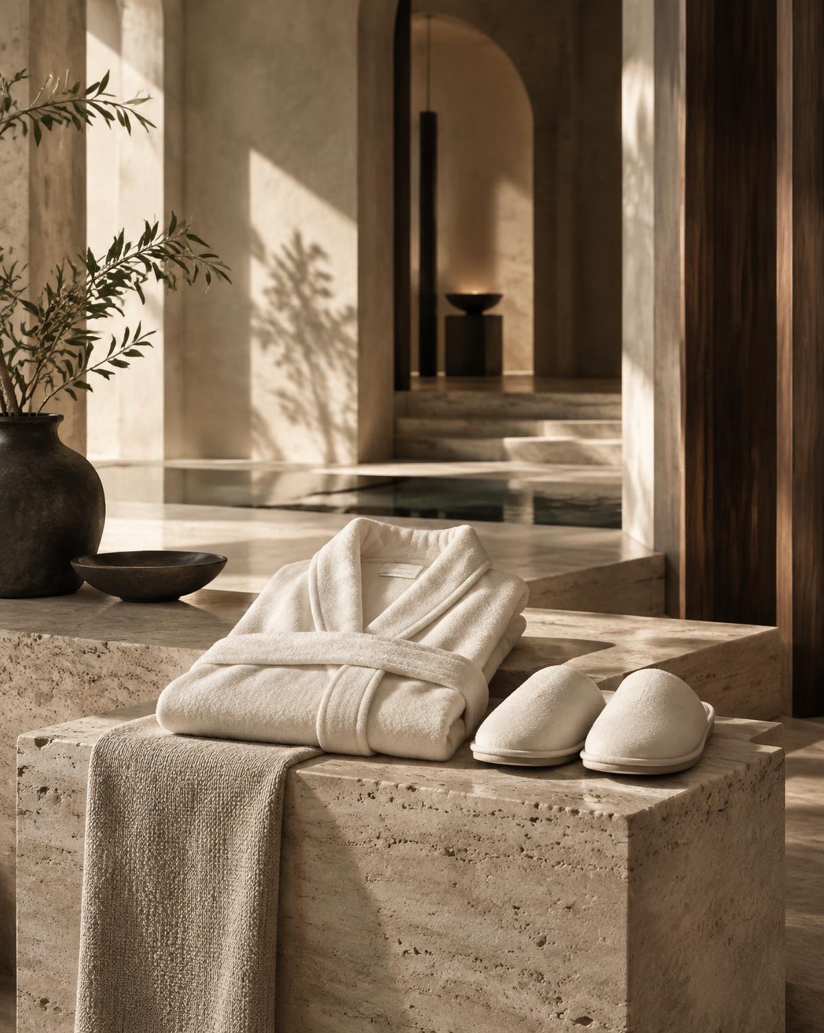 Ivory robe and slippers arranged on travertine in warm natural light