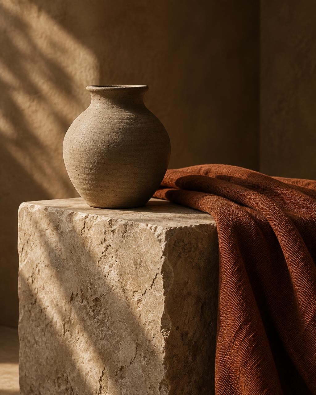 Handmade clay vessel beside rust fabric