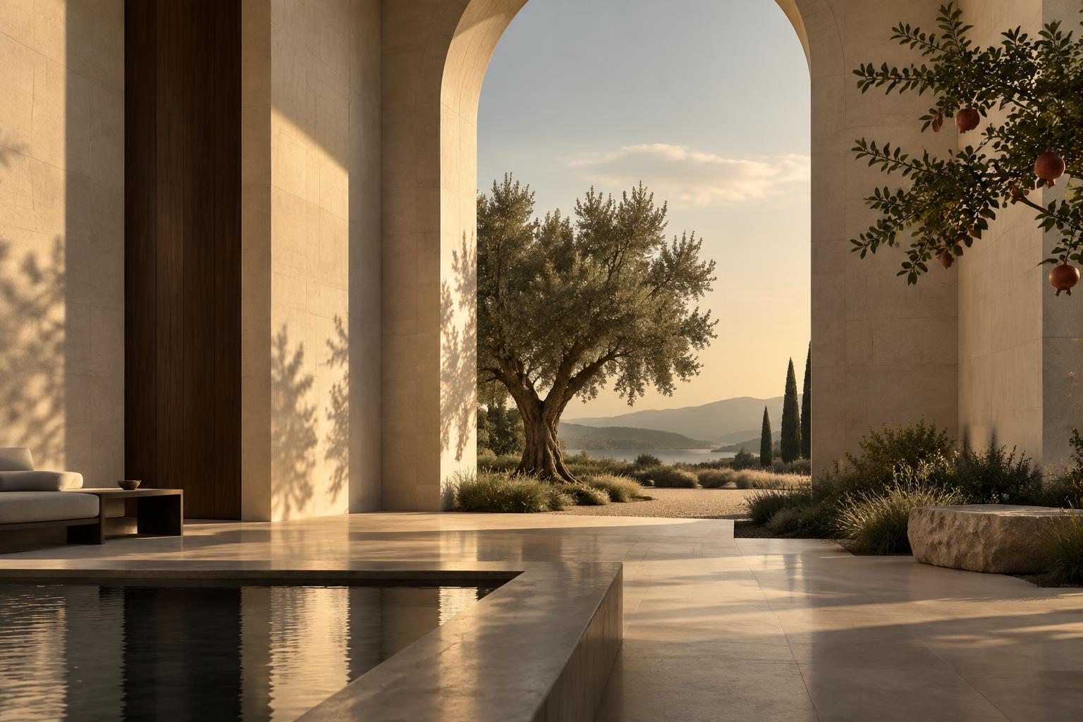 Monumental ivory architecture opening into a restrained garden