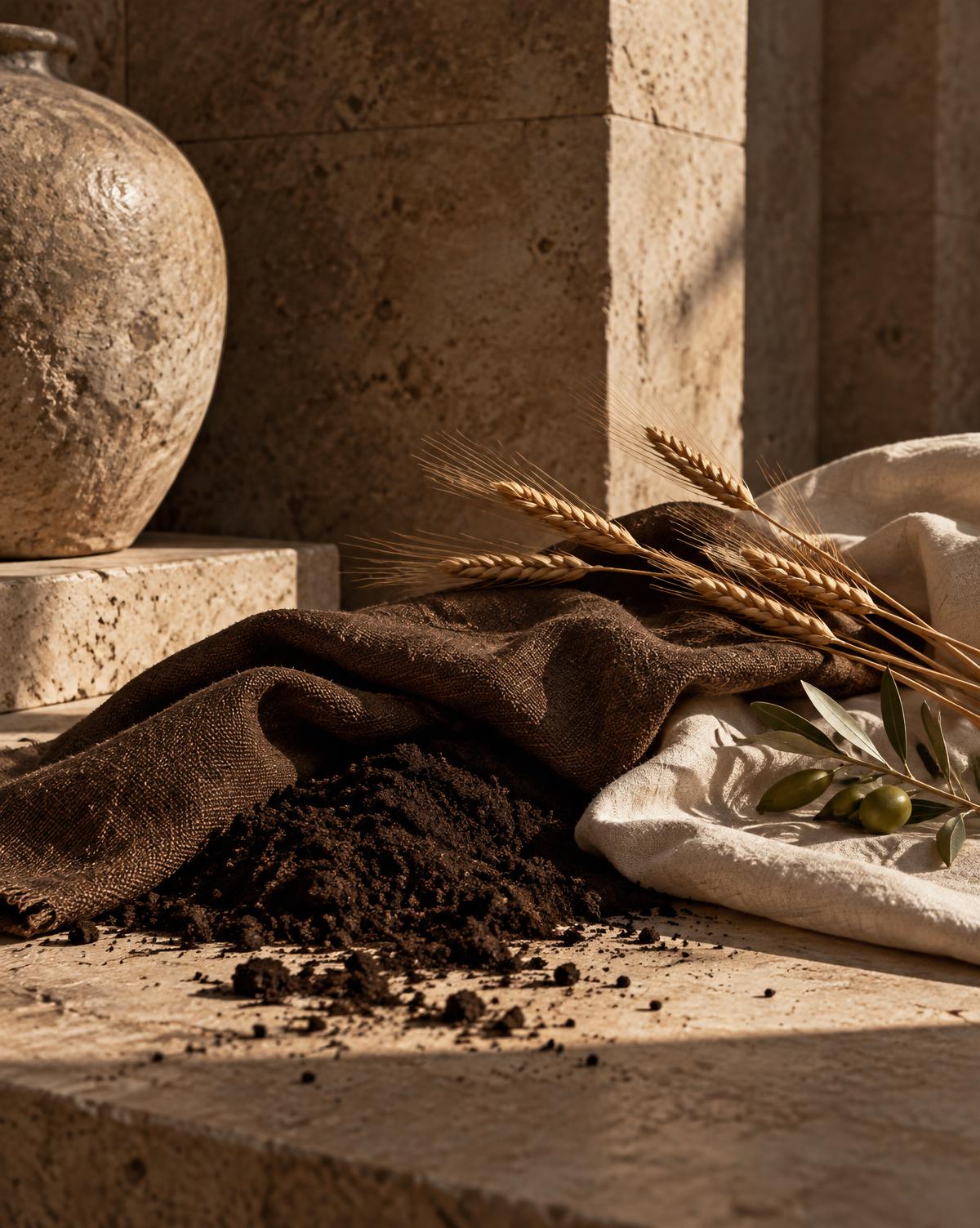 Dark soil, wheat, linen, and stone arranged as a study in cultivation