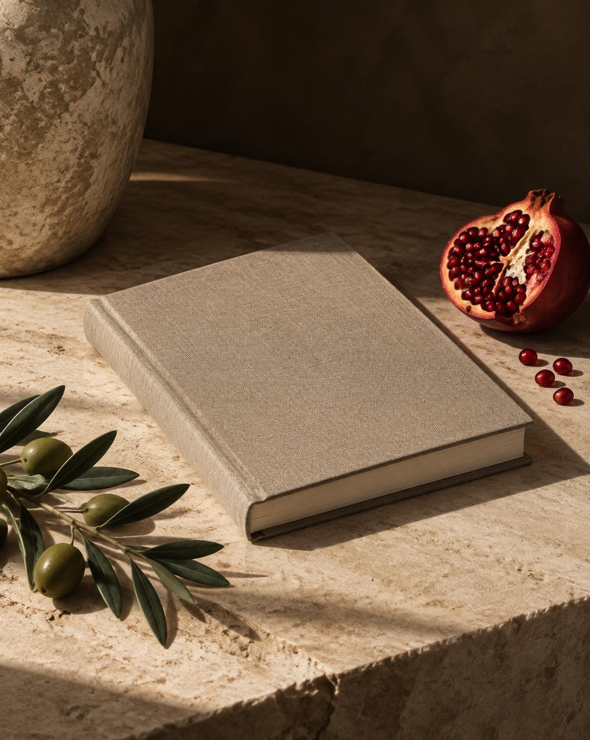 Clothbound journal, olive branch, and pomegranate on limestone