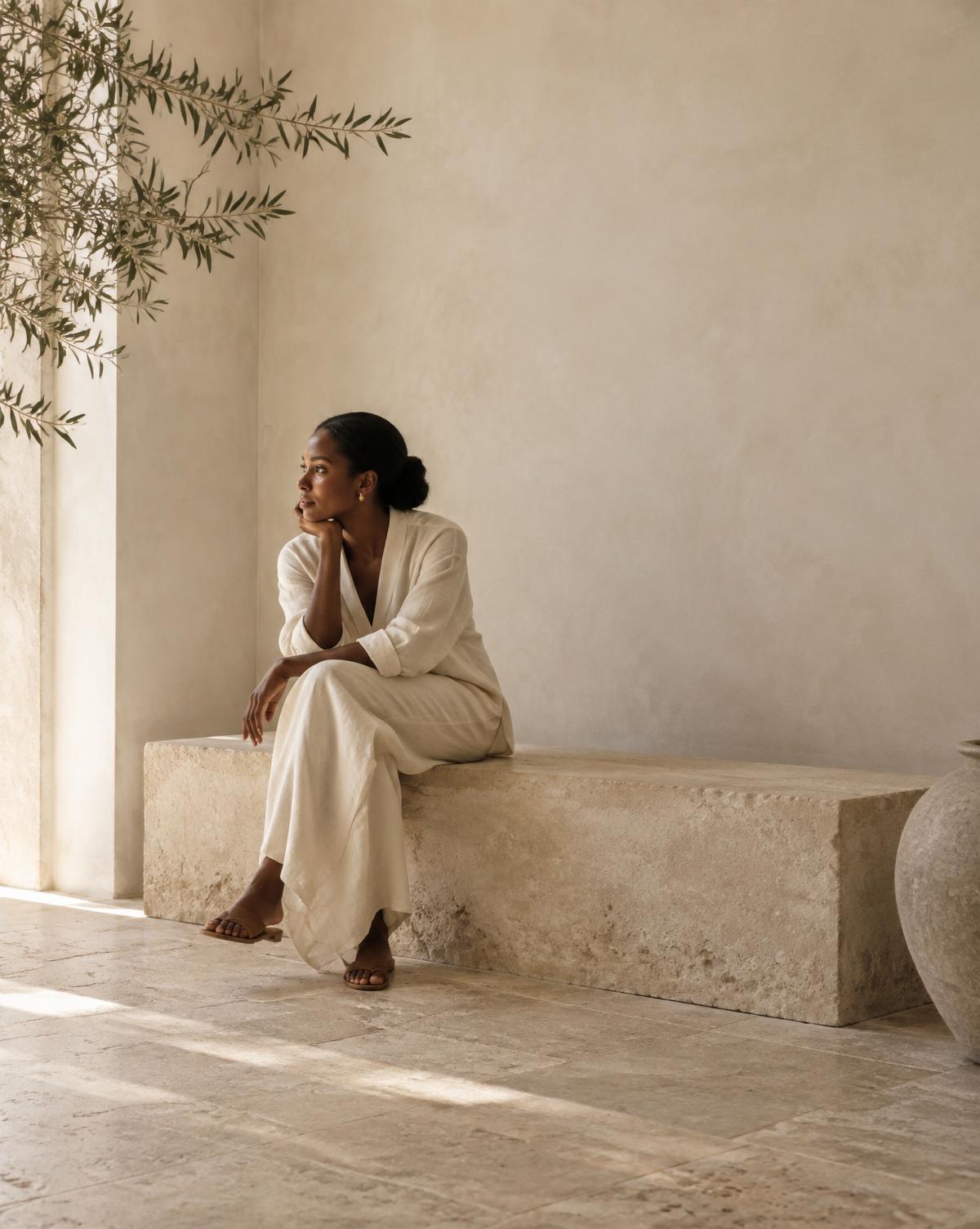Woman sitting quietly on a limestone bench