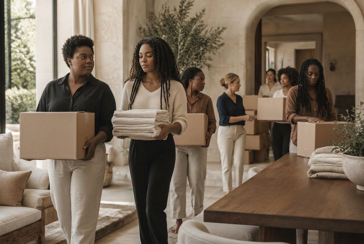 Women carrying boxes and folded linens together through a peaceful home