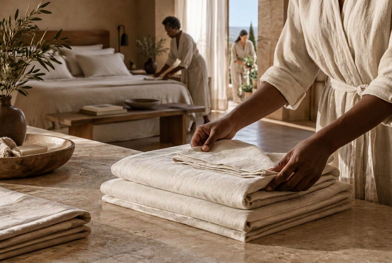 Hands folding fresh linen in a peaceful, ordered bedroom