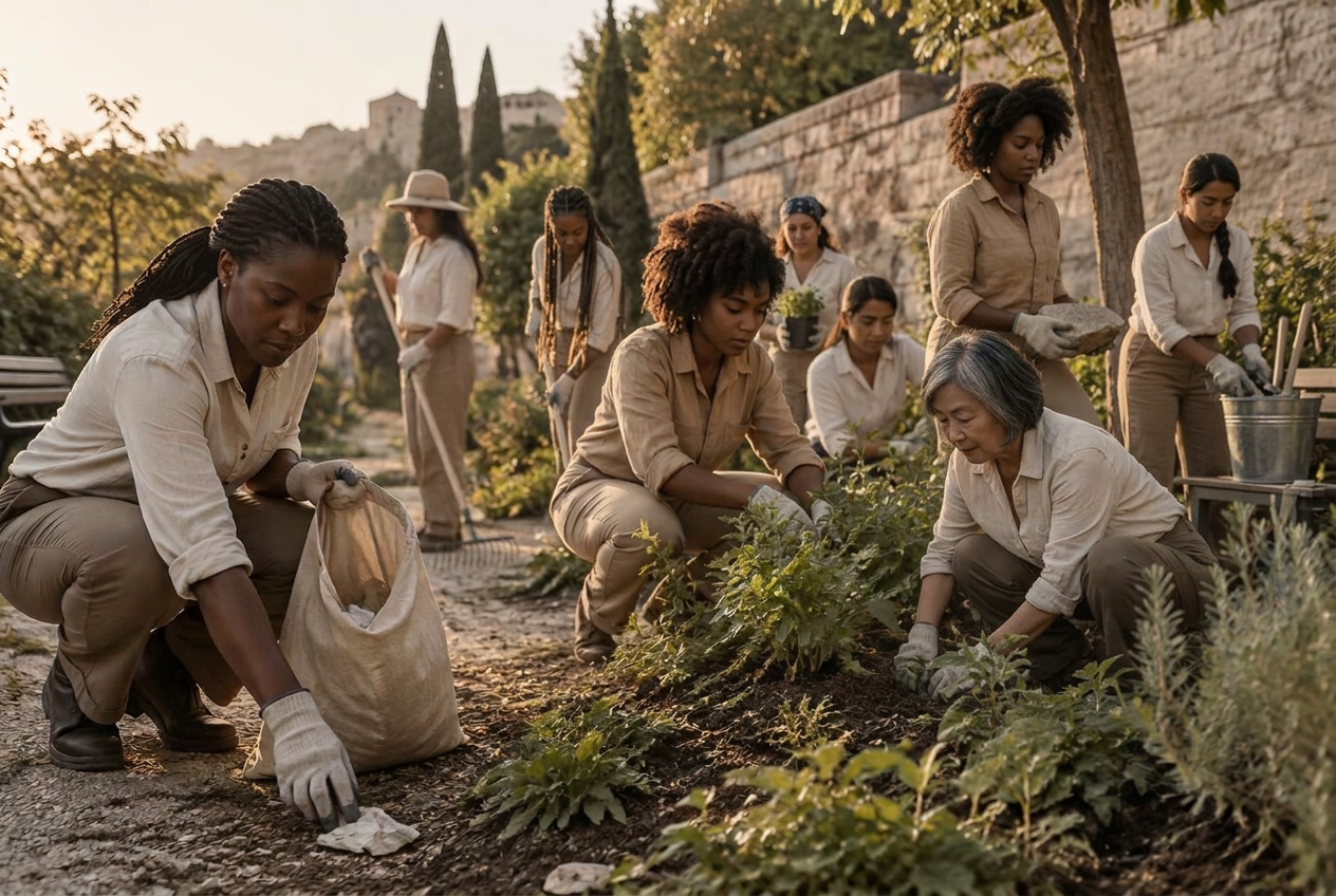 Women tending a shared garden and cleaning a neighborhood space
