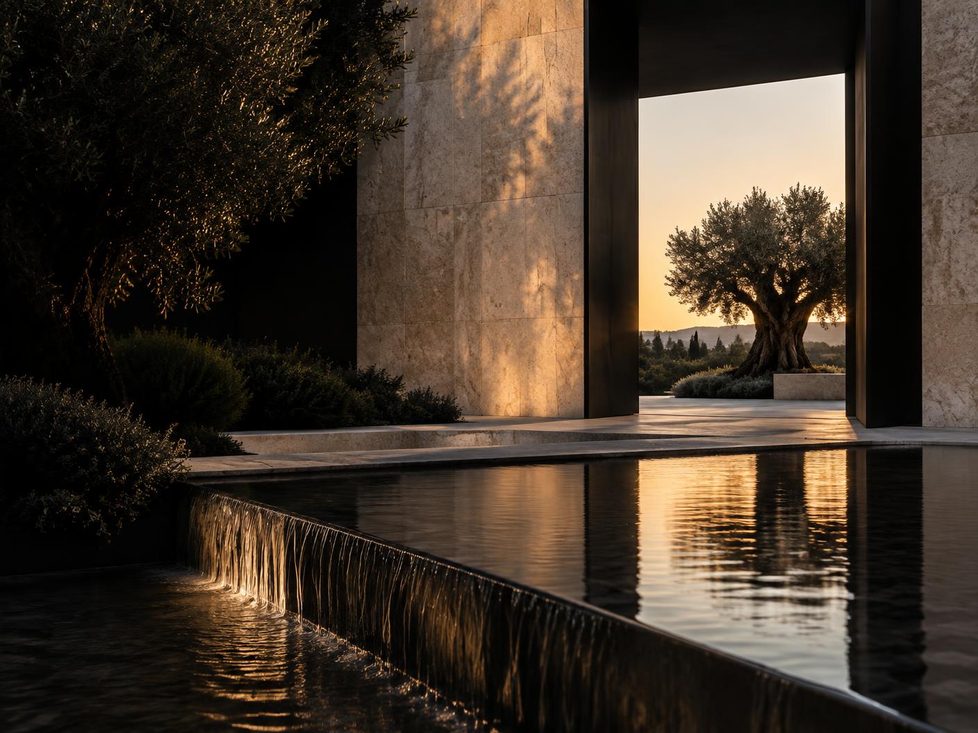 Olive tree beyond monumental stone architecture and moving water